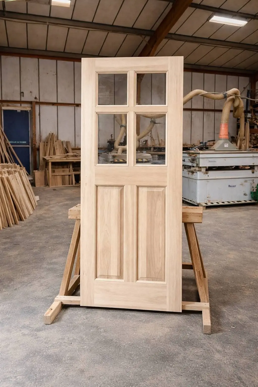 Unfinished oak door with four glazed panels on trestles in the workshop