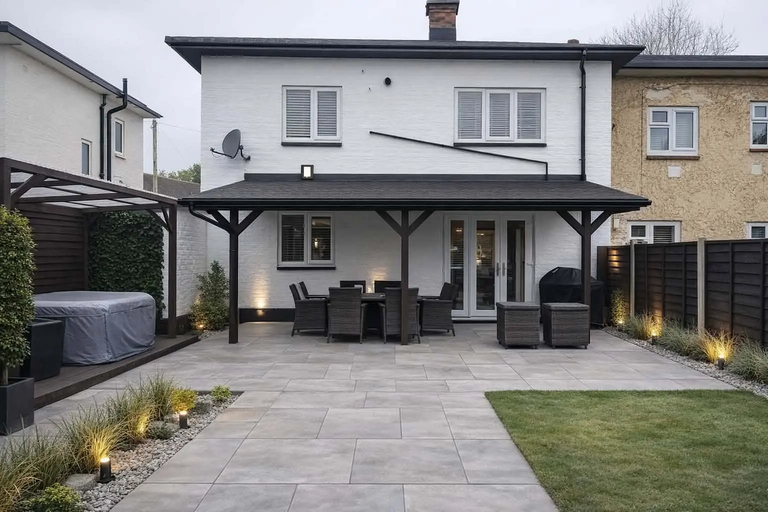 Rear of a white house with a paved patio, lawn and a covered seating area